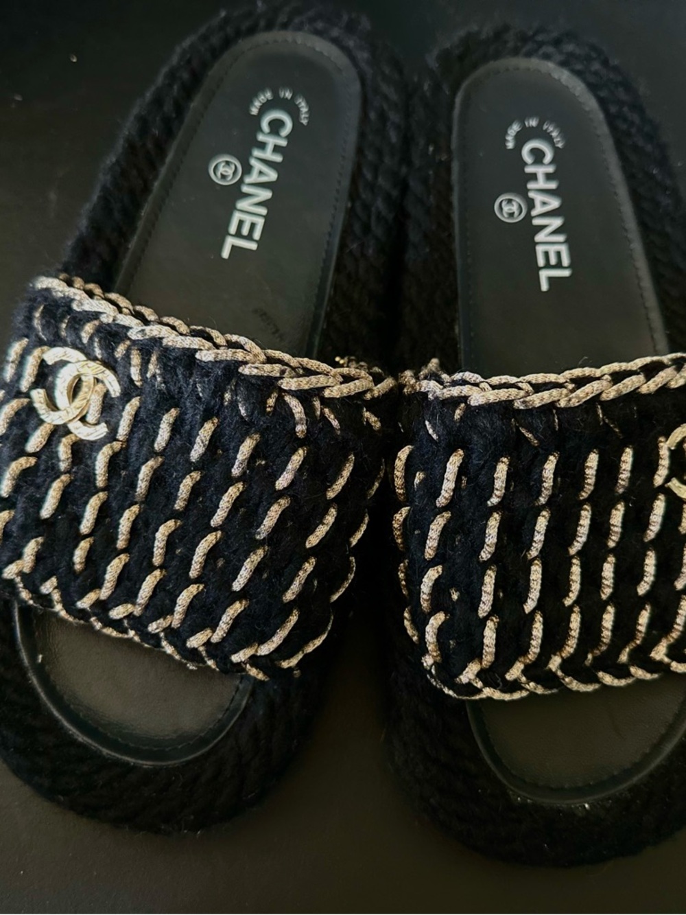 CHANEL Black & Gold Braided Slide Mules 22C